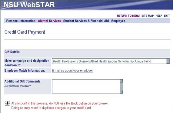 WebSTAR for Alumni Credit Card Payment main screen
